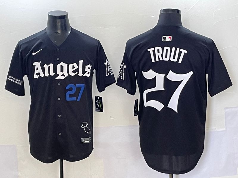Men 2025 Los Angeles Angels #27 Trout Black Five generations Joint Name Nike MLB Jersey style 11